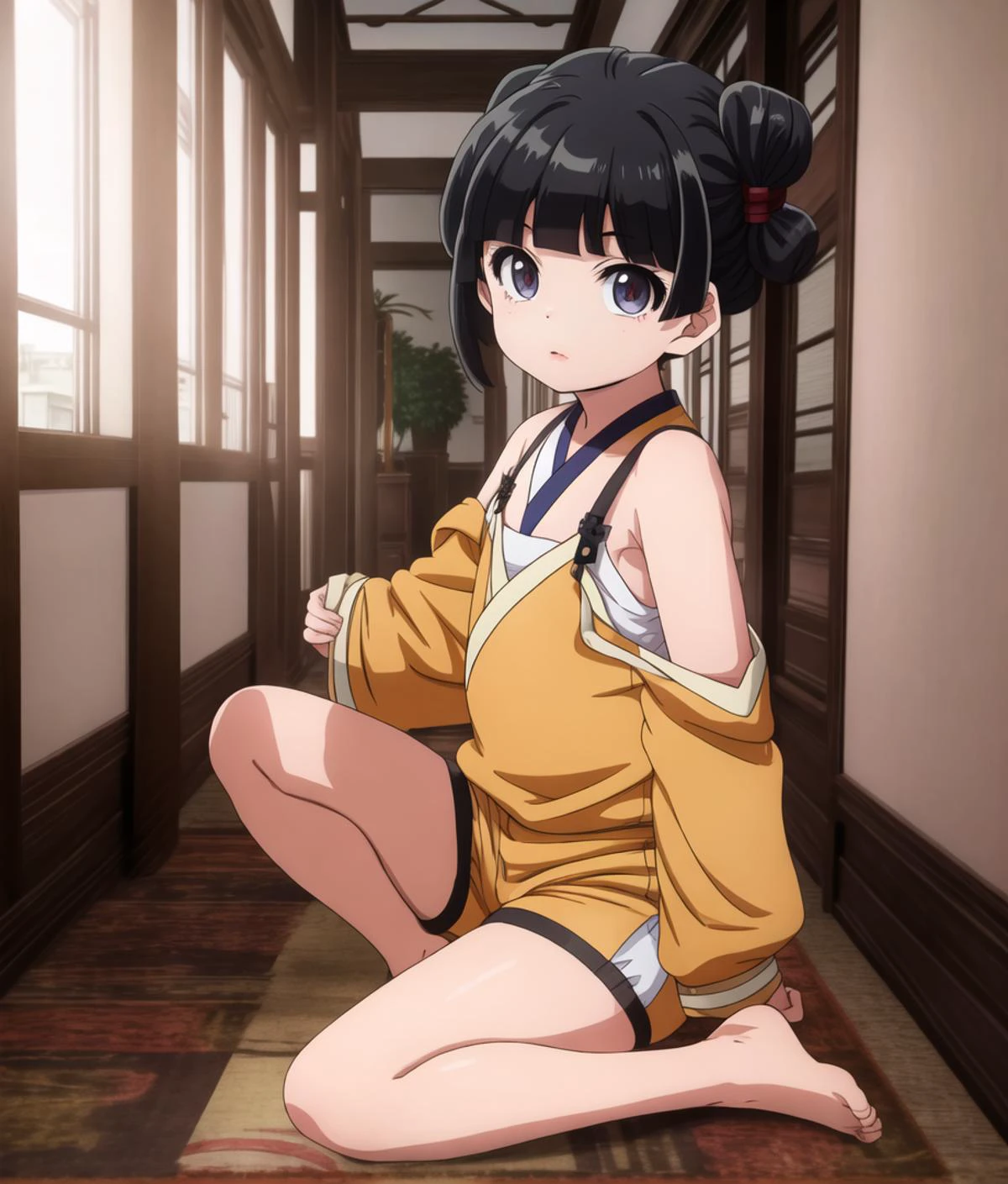 ServantA, solo, 1girl, beautiful eyes, Camisole, bare shoulders, suspender shorts, girl,
looking at viewer, w-sitting, wariza, masterpiece, indoors, barefoot, corridor of hotel,
<lora:kusuriya_EP01to10-loha-bundle-30000:0.4:1:lbw=1,0.5,0.5,0.5,0.5,0.5,0.5,0.5,0.5,0.5,0.5,0.5,0.5,0.5,0.5,0.5,0.5,1,1,1,1,1,1,1,1,1>, <lora:breakdomain_M2150:1>