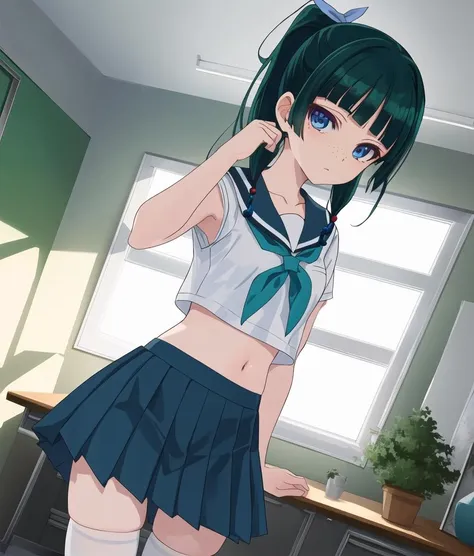 Maomao ponytail, 1girl, bare shoulders, (white school uniform:1.2), white serafuku, sailor collar, blue skirt, thighhighs, daylight, navel, 
trees, indoors, cinematic lighting, looking at viewer, living room, 
<lora:kusuriya_EP01to10-diag_oft-bundle-40000:0.4:0.95>, <lora:kohakuV5_rev2:0.5>, <lora:linneamix_v74:0.3>