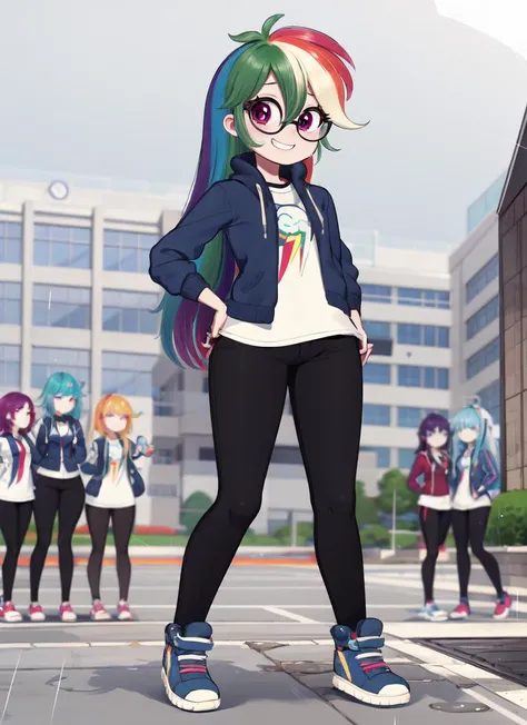 ((best quality)), ((highly detailed)), absurdres, (detailed eyes, deep eyes), (1girl), (glasses), from the front, dynamic pose, full body, very wide shot, <lora:hairdetailer:.9>, <lora:mlp_rainbowdash:1>, mlpdash, (rainbow hair), purple eyes, grin, cropped jacket, shirt, pants, (outside, <lora:school_outdoors_v0.2:1>, at a school, building, (5girls), noon, rain), <lora:Aliceyawnin Style Lora:.85>, Aliceyawnin