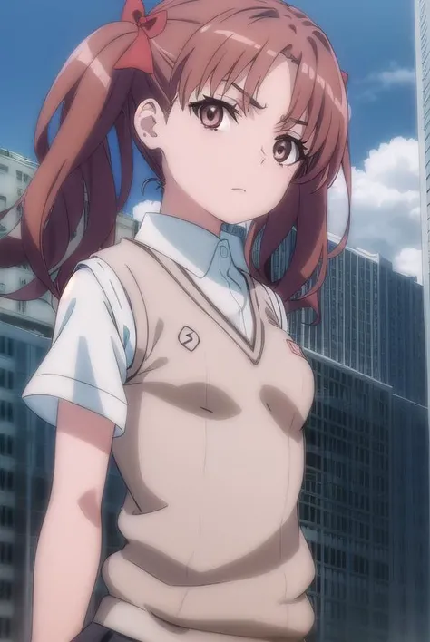 kurokoshirai, <lora:kuroko shirai s3-lora-nochekaiser:1>,
kuroko shirai, brown hair, long hair, (parted bangs:1.5), (brown eyes:1.7), ringlets, twintails, hair bow, bow, red bow, (small breasts:1.2),
BREAK armband, black skirt, collared shirt, dress shirt, pleated skirt, safety pin, school uniform, shirt, short sleeves, skirt, summer uniform, sweater vest, tokiwadai school uniform, twintails, white shirt, (brown sweater vest:1.5),
BREAK outdoor, city, sky, sun, clouds,
BREAK looking at viewer, (cowboy shot:1.5),
BREAK <lyco:GoodHands-beta2:1>, (masterpiece:1.2), best quality, high resolution, unity 8k wallpaper, (illustration:0.8), (beautiful detailed eyes:1.6), extremely detailed face, perfect lighting, extremely detailed CG, (perfect hands, perfect anatomy),