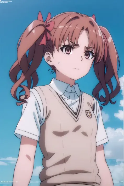 kurokoshirai, <lora:kuroko shirai s3-lora-nochekaiser:1>,
kuroko shirai, brown hair, long hair, (parted bangs:1.5), (brown eyes:1.7), ringlets, twintails, hair bow, bow, red bow, (small breasts:1.2),
BREAK armband, black skirt, collared shirt, dress shirt, pleated skirt, safety pin, school uniform, shirt, short sleeves, skirt, summer uniform, sweater vest, tokiwadai school uniform, twintails, white shirt, (brown sweater vest:1.5),
BREAK outdoor, city, sky, sun, clouds,
BREAK looking at viewer, (cowboy shot:1.5),
BREAK <lyco:GoodHands-beta2:1>, (masterpiece:1.2), best quality, high resolution, unity 8k wallpaper, (illustration:0.8), (beautiful detailed eyes:1.6), extremely detailed face, perfect lighting, extremely detailed CG, (perfect hands, perfect anatomy),