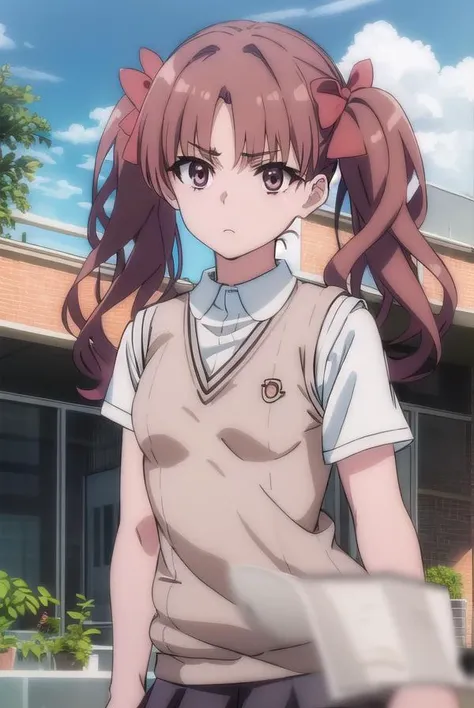 kurokoshirai, <lora:kuroko shirai s3-lora-nochekaiser:1>,
kuroko shirai, brown hair, long hair, (parted bangs:1.5), (brown eyes:1.7), ringlets, twintails, hair bow, bow, red bow, (small breasts:1.2),
BREAK armband, black skirt, collared shirt, dress shirt, pleated skirt, safety pin, school uniform, shirt, short sleeves, skirt, summer uniform, sweater vest, tokiwadai school uniform, twintails, white shirt, (brown sweater vest:1.5),
BREAK outdoor, city, sky, sun, clouds,
BREAK looking at viewer, (cowboy shot:1.5),
BREAK <lyco:GoodHands-beta2:1>, (masterpiece:1.2), best quality, high resolution, unity 8k wallpaper, (illustration:0.8), (beautiful detailed eyes:1.6), extremely detailed face, perfect lighting, extremely detailed CG, (perfect hands, perfect anatomy),