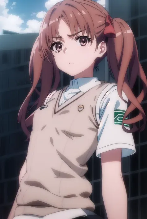kurokoshirai, <lyco:kuroko shirai s3-lyco-nochekaiser:1>,
kuroko shirai, brown hair, long hair, (parted bangs:1.5), (brown eyes:1.7), ringlets, twintails, hair bow, bow, red bow, (small breasts:1.2),
BREAK armband, black skirt, collared shirt, dress shirt, pleated skirt, safety pin, school uniform, shirt, short sleeves, skirt, summer uniform, sweater vest, tokiwadai school uniform, twintails, white shirt, (brown sweater vest:1.5),
BREAK outdoor, city, sky, sun, clouds,
BREAK looking at viewer, (cowboy shot:1.5),
BREAK <lyco:GoodHands-beta2:1>, (masterpiece:1.2), best quality, high resolution, unity 8k wallpaper, (illustration:0.8), (beautiful detailed eyes:1.6), extremely detailed face, perfect lighting, extremely detailed CG, (perfect hands, perfect anatomy),