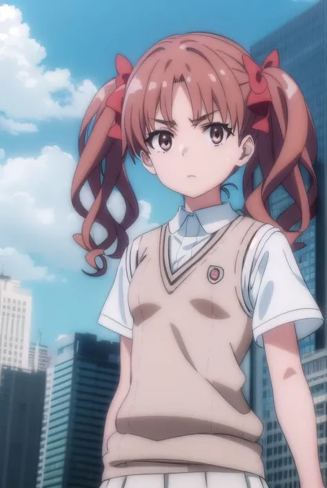 kurokoshirai, <lora:kuroko shirai s3-lora-nochekaiser:1>,
kuroko shirai, brown hair, long hair, (parted bangs:1.5), (brown eyes:1.7), ringlets, twintails, hair bow, bow, red bow, (small breasts:1.2),
BREAK armband, black skirt, collared shirt, dress shirt, pleated skirt, safety pin, school uniform, shirt, short sleeves, skirt, summer uniform, sweater vest, tokiwadai school uniform, twintails, white shirt, (brown sweater vest:1.5),
BREAK outdoor, city, sky, sun, clouds,
BREAK looking at viewer, (cowboy shot:1.5),
BREAK <lyco:GoodHands-beta2:1>, (masterpiece:1.2), best quality, high resolution, unity 8k wallpaper, (illustration:0.8), (beautiful detailed eyes:1.6), extremely detailed face, perfect lighting, extremely detailed CG, (perfect hands, perfect anatomy),