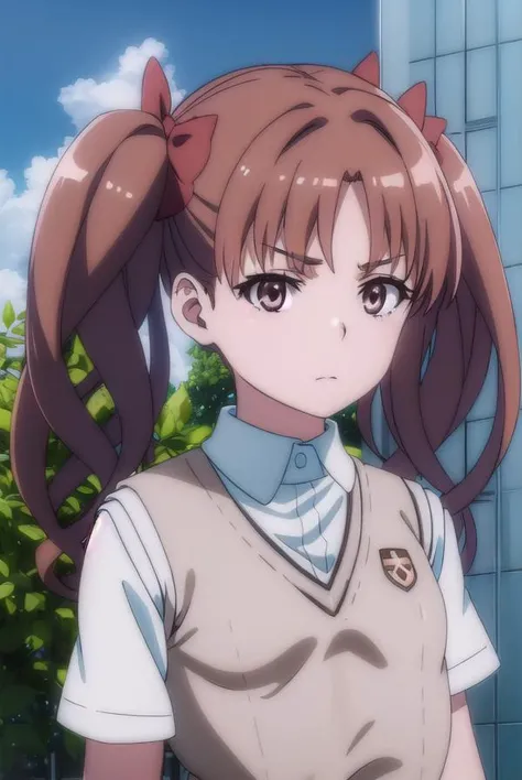 kurokoshirai, <lora:kuroko shirai s3-lora-nochekaiser:1>,
kuroko shirai, brown hair, long hair, (parted bangs:1.5), (brown eyes:1.7), ringlets, twintails, hair bow, bow, red bow, (small breasts:1.2),
BREAK armband, black skirt, collared shirt, dress shirt, pleated skirt, safety pin, school uniform, shirt, short sleeves, skirt, summer uniform, sweater vest, tokiwadai school uniform, twintails, white shirt, (brown sweater vest:1.5),
BREAK outdoor, city, sky, sun, clouds,
BREAK looking at viewer, (cowboy shot:1.5),
BREAK <lyco:GoodHands-beta2:1>, (masterpiece:1.2), best quality, high resolution, unity 8k wallpaper, (illustration:0.8), (beautiful detailed eyes:1.6), extremely detailed face, perfect lighting, extremely detailed CG, (perfect hands, perfect anatomy),