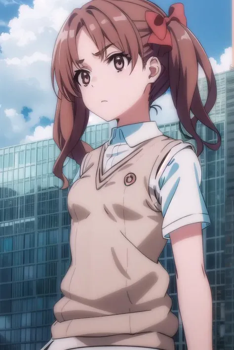 kurokoshirai, <lora:kuroko shirai s3-lora-nochekaiser:1>,
kuroko shirai, brown hair, long hair, (parted bangs:1.5), (brown eyes:1.7), ringlets, twintails, hair bow, bow, red bow, (small breasts:1.2),
BREAK armband, black skirt, collared shirt, dress shirt, pleated skirt, safety pin, school uniform, shirt, short sleeves, skirt, summer uniform, sweater vest, tokiwadai school uniform, twintails, white shirt, (brown sweater vest:1.5),
BREAK outdoor, city, sky, sun, clouds,
BREAK looking at viewer, (cowboy shot:1.5),
BREAK <lyco:GoodHands-beta2:1>, (masterpiece:1.2), best quality, high resolution, unity 8k wallpaper, (illustration:0.8), (beautiful detailed eyes:1.6), extremely detailed face, perfect lighting, extremely detailed CG, (perfect hands, perfect anatomy),