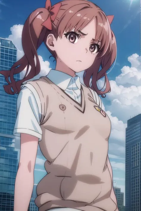 kurokoshirai, <lyco:kuroko shirai s3-lyco-nochekaiser:1>,
kuroko shirai, brown hair, long hair, (parted bangs:1.5), (brown eyes:1.7), ringlets, twintails, hair bow, bow, red bow, (small breasts:1.2),
BREAK armband, black skirt, collared shirt, dress shirt, pleated skirt, safety pin, school uniform, shirt, short sleeves, skirt, summer uniform, sweater vest, tokiwadai school uniform, twintails, white shirt, (brown sweater vest:1.5),
BREAK outdoor, city, sky, sun, clouds,
BREAK looking at viewer, (cowboy shot:1.5),
BREAK <lyco:GoodHands-beta2:1>, (masterpiece:1.2), best quality, high resolution, unity 8k wallpaper, (illustration:0.8), (beautiful detailed eyes:1.6), extremely detailed face, perfect lighting, extremely detailed CG, (perfect hands, perfect anatomy),