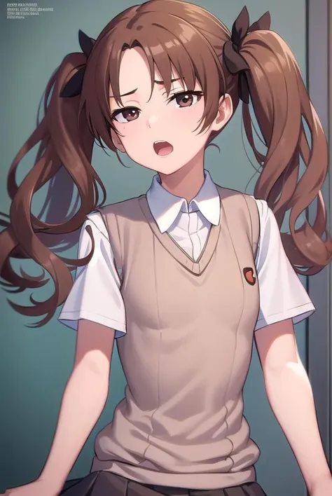 1girl, solo, long hair, breasts, looking at viewer, blush, smile, open mouth, brown hair, shirt, bow, twintails, brown eyes, underwear, , panties, white shirt, hair bow, pants, indoors, erection, bulge, futanari, erection under clothes, tokiwadai , shirai kuroko