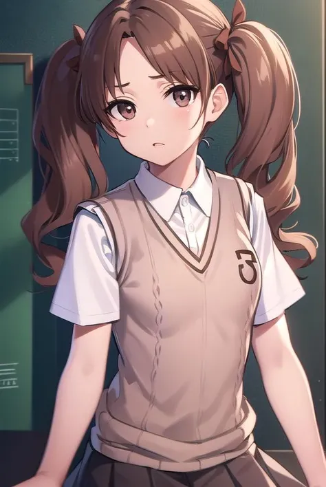 kurokoshirai, <lora:kurokoshirai-lora-nochekaiser:1>,
kuroko shirai, brown hair, long hair, (parted bangs:1.5), (brown eyes:1.7), ringlets, twintails, hair bow, bow, red bow, (small breasts:1.2),
BREAK armband, black skirt, collared shirt, dress shirt, pleated skirt, safety pin, school uniform, shirt, short sleeves, skirt, summer uniform, sweater vest, tokiwadai school uniform, twintails, white shirt, (brown sweater vest:1.5),
BREAK looking at viewer, upper body, fully body,
BREAK indoors, classroom,
BREAK <lyco:GoodHands-beta2:1>, (masterpiece:1.2), best quality, high resolution, unity 8k wallpaper, (illustration:0.8), (beautiful detailed eyes:1.6), extremely detailed face, perfect lighting, extremely detailed CG, (perfect hands, perfect anatomy),