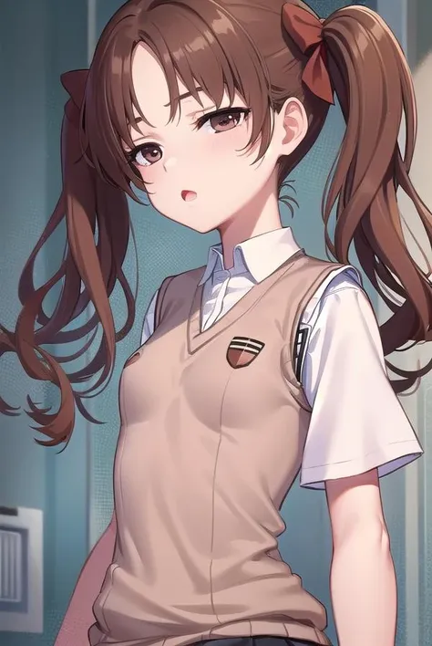 kurokoshirai, <lora:kurokoshirai-lora-nochekaiser:1>,
kuroko shirai, brown hair, long hair, (parted bangs:1.5), (brown eyes:1.7), ringlets, twintails, hair bow, bow, red bow, (small breasts:1.2), <lora:sensualface_type1:1>, open mouth, <lora:wavymouth_type2_v100:1>,
BREAK armband, black skirt, collared shirt, dress shirt, pleated skirt, safety pin, school uniform, shirt, short sleeves, skirt, summer uniform, sweater vest, tokiwadai school uniform, twintails, white shirt, (brown sweater vest:1.5),
BREAK looking at viewer, upper body, fully body,
BREAK indoors, classroom,
BREAK <lyco:GoodHands-beta2:1>, (masterpiece:1.2), best quality, high resolution, unity 8k wallpaper, (illustration:0.8), (beautiful detailed eyes:1.6), extremely detailed face, perfect lighting, extremely detailed CG, (perfect hands, perfect anatomy),