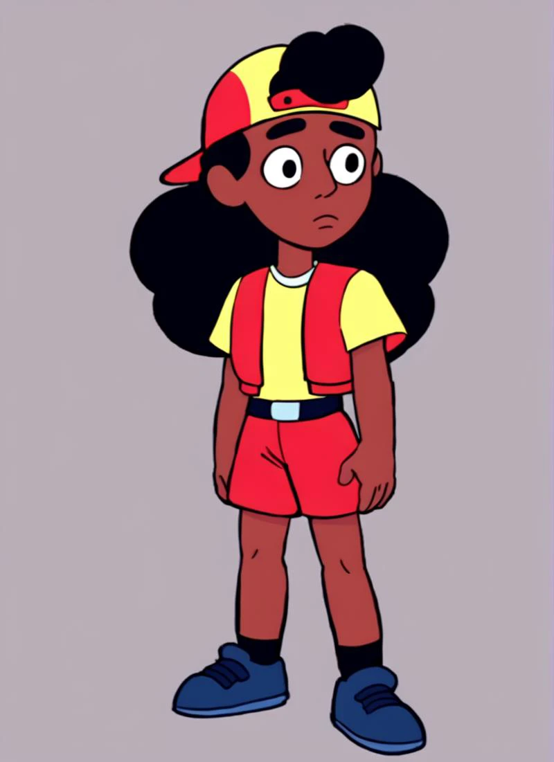 score_9, score_8_up, score_7_up, <lora:bsmeg:0.8>bsmeg  , dark skin, dark-skinned female, black hair, long hair,  , baseball cap, backwards hat, red jacket, yellow shirt, short sleeves, belt, red shorts, black socks , solo  , female   ,  <lora:Stevenuniverse-style-sdxl:1>sustl style