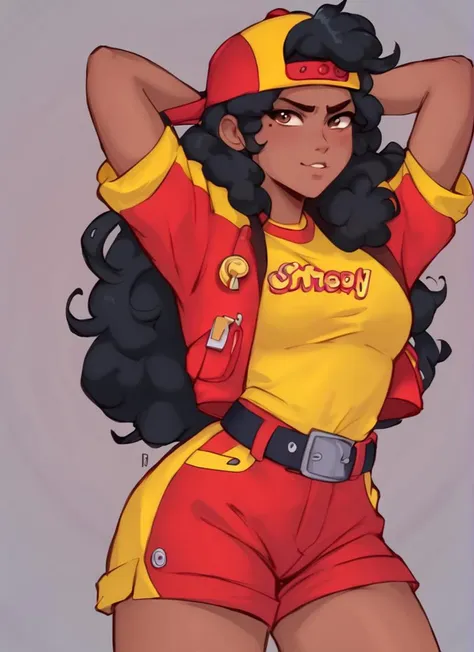 score_9, score_8_up, score_7_up, <lora:bsmeg:0.8>bsmeg , dark skin, dark-skinned female, black hair, long hair,  , baseball cap, backwards hat, red jacket, yellow shirt, short sleeves, belt, red shorts, black socks , solo       <lora:Kittew-4RCH0N:1>4RCH0N