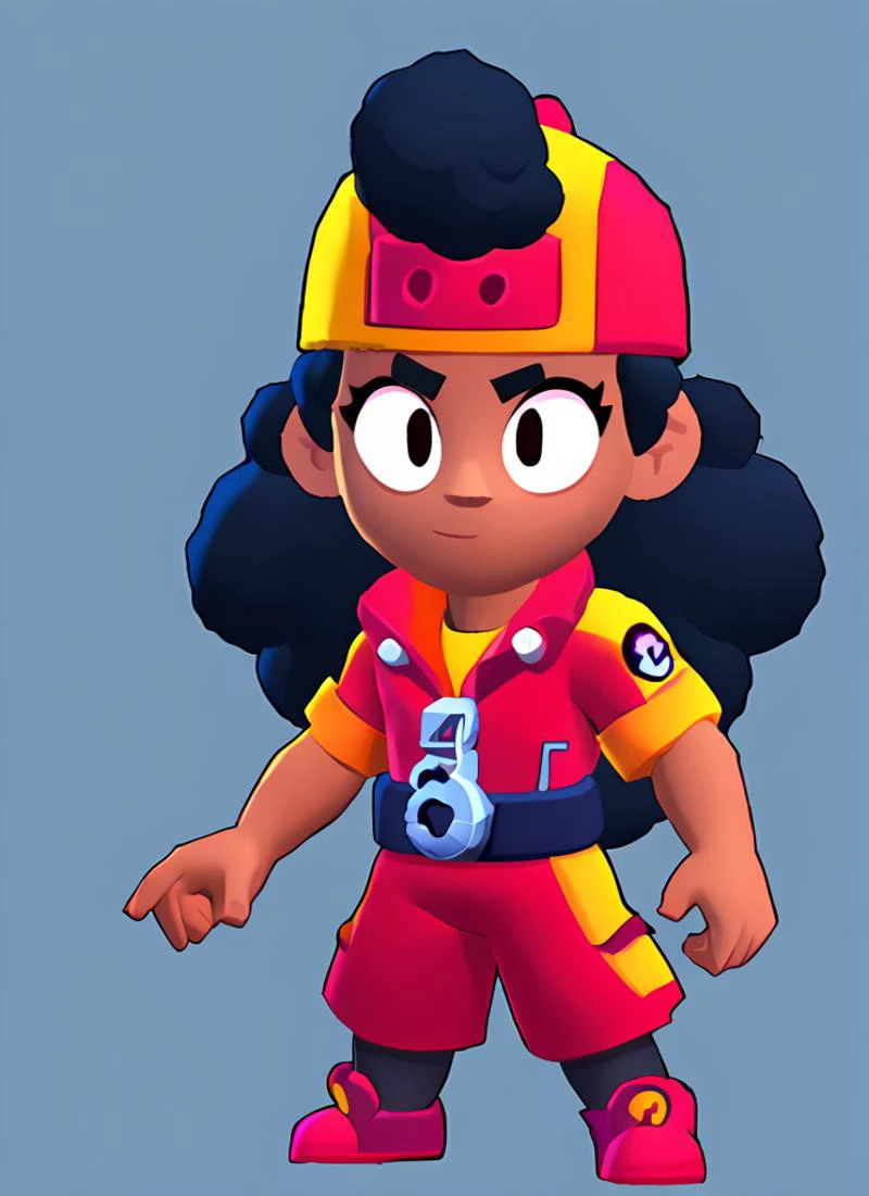 score_9, score_8_up, score_7_up, <lora:bsmeg:0.8>bsmeg , dark skin, dark-skinned female, black hair, long hair, , baseball cap, backwards hat, red jacket, yellow shirt, short sleeves, belt, red shorts, black socks , solo <lora:brawl_style_1_2_R:1> brawl , female