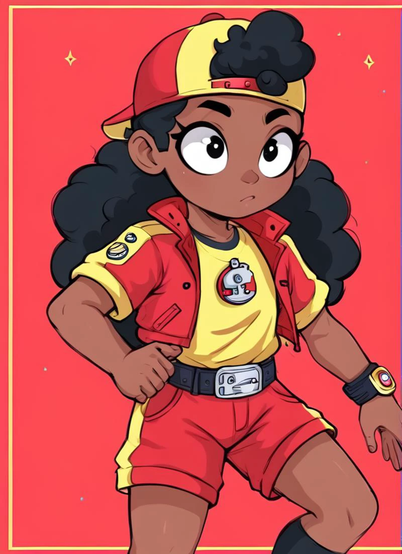 score_9, score_8_up, score_7_up, <lora:bsmeg:0.8>bsmeg , dark skin, dark-skinned female, black hair, long hair, , baseball cap, backwards hat, red jacket, yellow shirt, short sleeves, belt, red shorts, black socks , solo ,child female , <lora:Aer0Zer0_Artist_Style:1>aerozerorisk