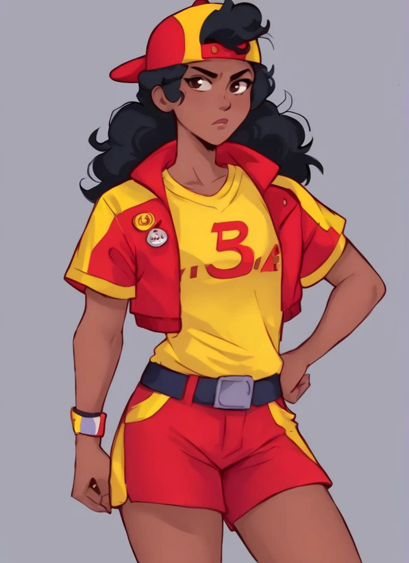 score_9, score_8_up, score_7_up, <lora:bsmeg:0.8>bsmeg , dark skin, dark-skinned female, black hair, long hair, , baseball cap, backwards hat, red jacket, yellow shirt, short sleeves, belt, red shorts, black socks , solo <lora:Kittew-4RCH0N:1>4RCH0N