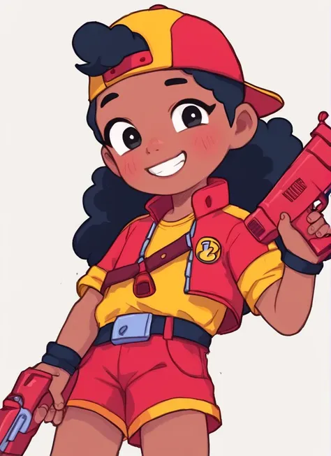 score_9, score_8_up, score_7_up, <lora:bsmeg:0.8>bsmeg  , dark skin, dark-skinned female, black hair, long hair,  , baseball cap, backwards hat, red jacket, yellow shirt, short sleeves, belt, red shorts, black socks , solo  <lora:PossumMachine:1> , posmach  , child female ,  blush, smile,   Holding a red gun , simple background,