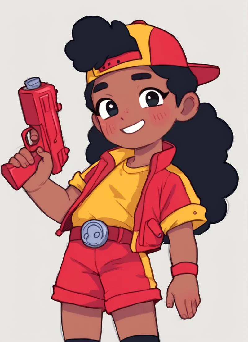 score_9, score_8_up, score_7_up, <lora:bsmeg:0.8>bsmeg , dark skin, dark-skinned female, black hair, long hair, , baseball cap, backwards hat, red jacket, yellow shirt, short sleeves, belt, red shorts, black socks , solo <lora:PossumMachine:1> , posmach , female , blush, smile, Holding a red gun , simple background,