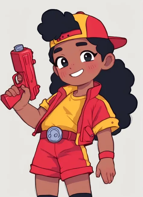 score_9, score_8_up, score_7_up, <lora:bsmeg:0.8>bsmeg  , dark skin, dark-skinned female, black hair, long hair,  , baseball cap, backwards hat, red jacket, yellow shirt, short sleeves, belt, red shorts, black socks , solo  <lora:PossumMachine:1> , posmach  , child female ,  blush, smile,   Holding a red gun , simple background,