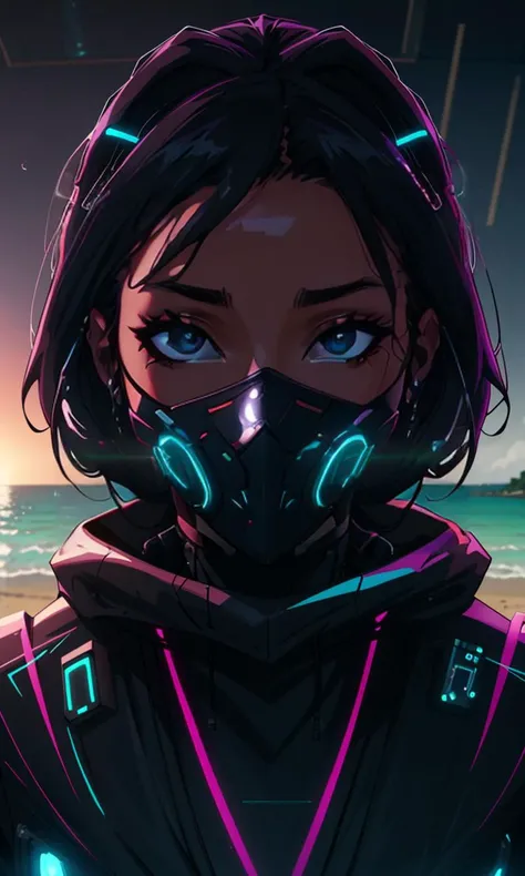 cybermask2023, 1girl, perspective photo, 8k, uhd, masterpiece, cinematic lighting, vibrant colors, photorealistic, detailed art, at the beach,