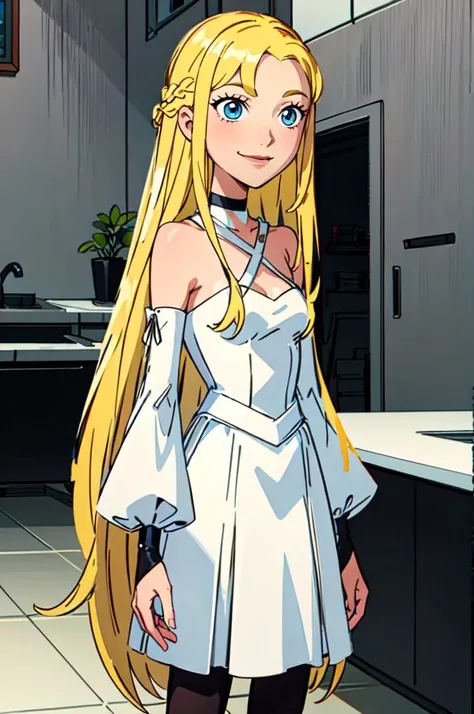 <lora:teentitansstyle:0.75> anime coloring, official style, style parody, <lora:Marina_Lucce_Maxetto_OC_v2:0.55> smile, Marina_Lucce_Maxetto_OC, 1girl, solo, blonde, very long hair, french braid, hair ribbon, frilled choker, criss-cross halter, sleeveless dress, high-waist skirt, backless dress, waist bow, detached sleeves, frilled sleeves, wide sleeves, pantyhose,, ultra detailed, masterpiece, best quality, aesthetic, detailed,