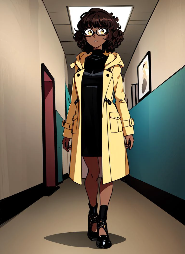((best quality)), ((highly detailed)), absurdres, (detailed eyes, deep eyes), <lora:more_details:.3>, (1girl), (glasses), dynamic pose, full body, ((wide shot)), ((coat dress, <lora:EraseGroinSkirt:1>)), ((dark skin, dark-skinned female, ebony)):1.2, dark brown hair, (very curly hair), short hair, amber yellow eyes, (indoors, in a hallway), <lora:titansstyle:.7>