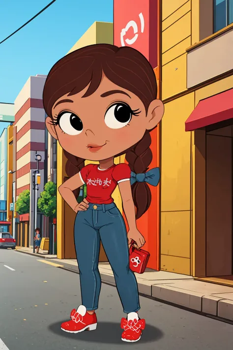 masterpiece, best quality, 1girl, dorothy, brown hair, twin braids, black eyes, dark skin, red shirt, denim pants, full body, solo, looking at viewer, street, city, building, tokyo street background <lora:Dorothy:1>