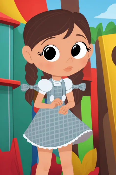masterpiece, best quality, 1girl, dorothy, brown hair, twin braids, black eyes, dress, upper body, solo, looking at viewer, cartoon, simple background <lora:Dorothy:1>