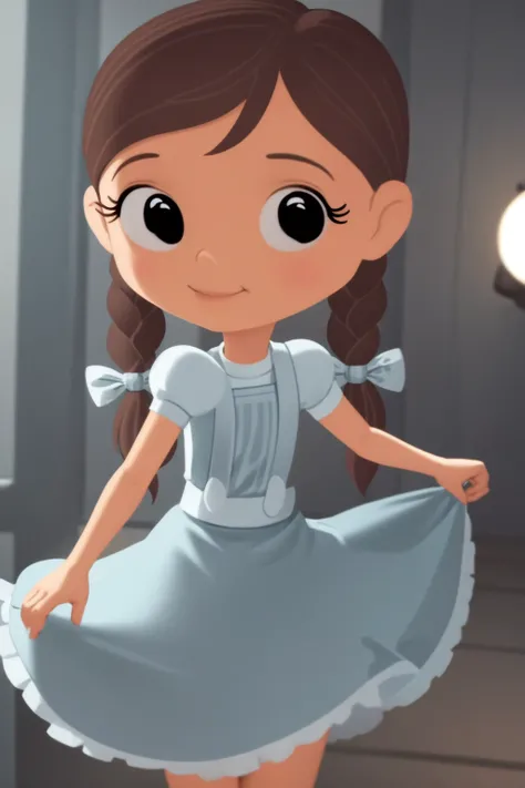 masterpiece, best quality, 1girl, dorothy, brown hair, twin braids, black eyes, dress, upper body, solo, looking at viewer, cartoon, simple background <lora:Dorothy:1>