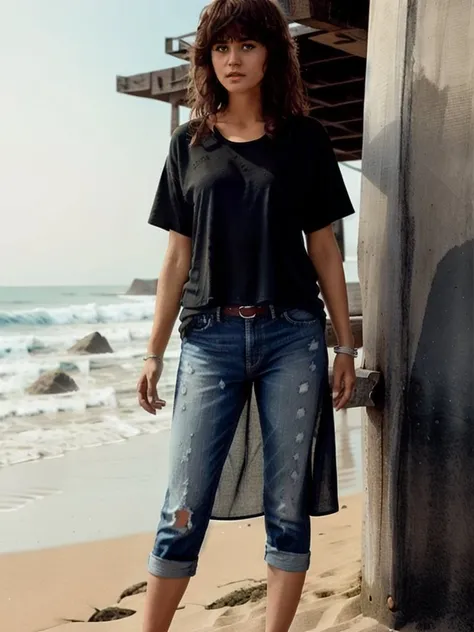 MariaSchneider768 , full body, oversized tshirt, jeans, blurred beach background, detailed eyes, photography, trending on artstation, sharp focus, studio photo, intricate details, highly detailed, by greg rutkowski <lora:MariaSchneider768-000410:0.7>