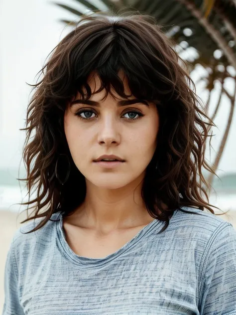 MariaSchneider768 , centered face close up portrait, tight tshirt, jeans, blurred beach background, detailed eyes, photography, trending on artstation, sharp focus, studio photo, intricate details, highly detailed, by greg rutkowski    <lora:MariaSchneider768-000410:0.5>