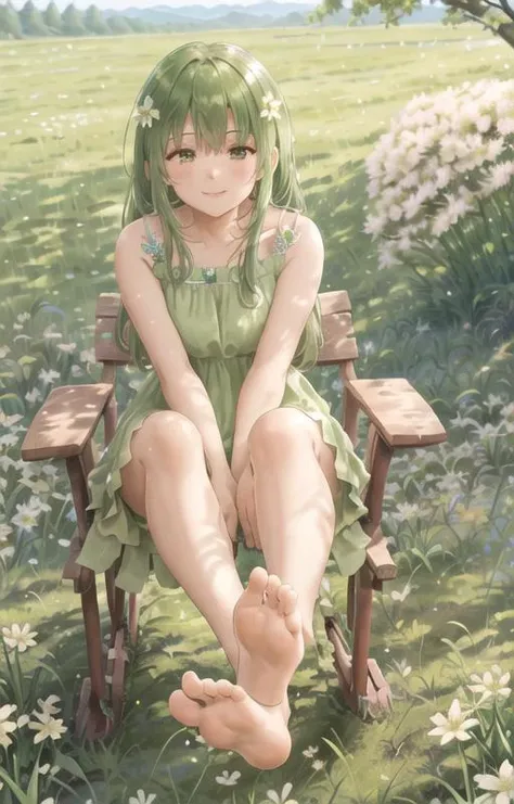 <lora:conceptBaresoles_v31:1>1girl, fullbody,(smile:1.2),(Focus on the soles of the feet:1.1). sitting on chair,legs,bare feet soles,,
Generate a beautiful spring meadow filled with blooming flowers. The meadow should be vast, with rolling hills in the distance. The flowers should be varied and colorful, including daisies, tulips, bluebells, and daffodils. The grass should be bright green and vibrant, and there should be occasional trees scattered throughout the field. The air should be filled with the sweet fragrance of blooming flowers, and the sun should be shining bright with a gentle breeze blowing through the meadow