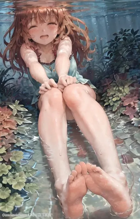 <lora:conceptBaresoles_v31:1>1girl,  sitting,legs, feet soles, 
Underwater scene with vibrant colors, coral reefs, and a school of tropical fish. Sunlight shining through the water creating a beautiful play of light and shadow. A small shipwreck can be seen in the distance, adding a sense of mystery to the scene.