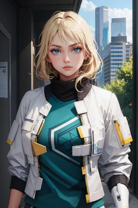masterpiece, best quality, deadlock, white jacket, single mechanical arm, green shirt, upper body, looking at viewer, serious, field, city <lora:deadlock-nvwls-v1-000009:0.9>