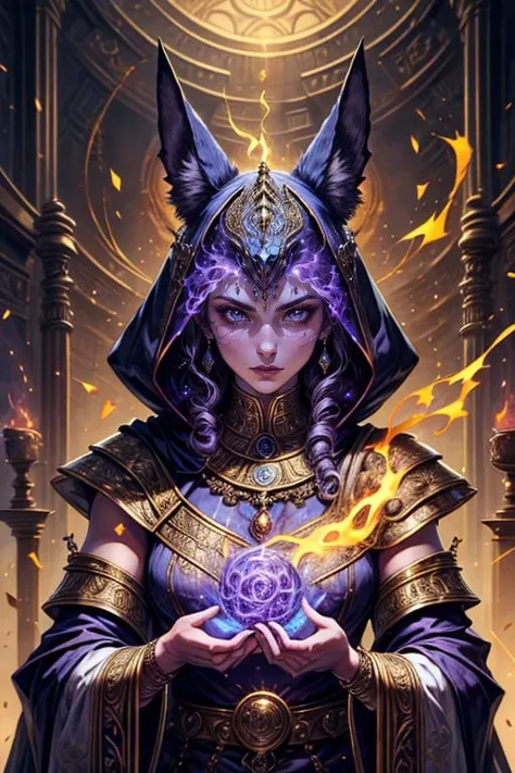 1girl, portrait of female godanubis with jackal head in front altar, swirl of fire, aura, magic, sparks, magic astral, ornate <lora:ARWgodanubis:1> <lora:kVoidEnergy:1> <lora:add_detail:1>