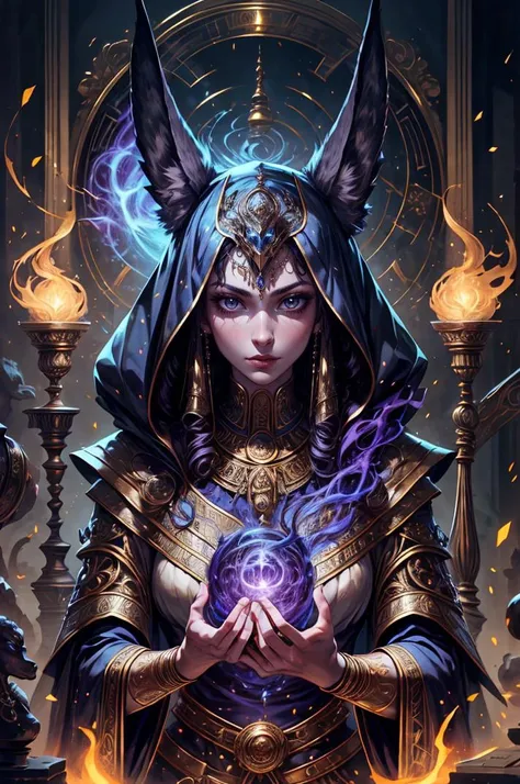 1girl, portrait of female godanubis with jackal head in front altar, swirl of fire, aura, magic, sparks, magic astral, ornate <lora:ARWgodanubis:1> <lora:kVoidEnergy:1> <lora:add_detail:1>