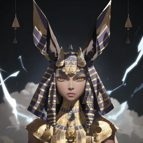 1girl, solo, male focus, portrait, detail face, <lora:ARWgodanubis:0.8>, (godanubis:1.5), (jackal head:1.2), smooth skin, cloudy sky, dark cloud, thunder sky, <lora:seizonsenryaku:0.5>
