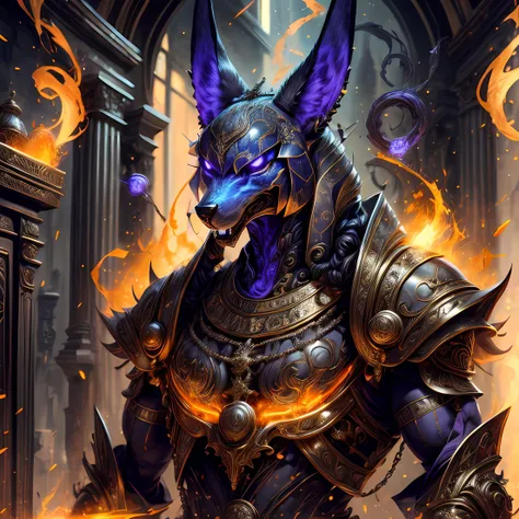 portrait of godanubis with jackal head in front altar, swirl of fire, aura, magic, sparks, magic astral, ornate, <lora:ARWgodanubis:1>, <lora:kVoidEnergy:1>, <lora:add_detail:1>, anubis, <lora:mecha(mjstyle):0.4>