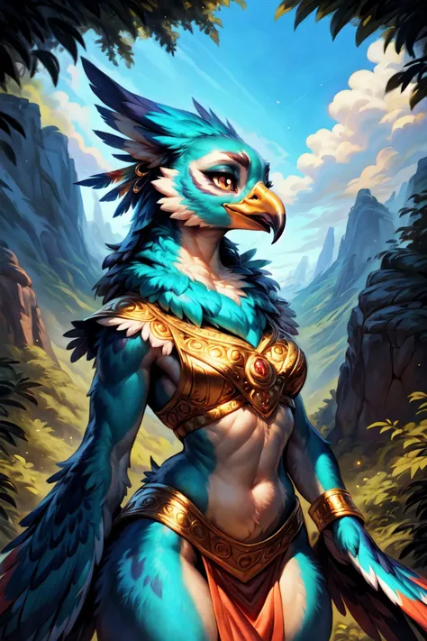 ASCII<lora:add_detail:1>, <lora:Furtastic_Detailer:0.8>,
 nature photography, ultra realistic, masterpiece, [[[epic clouds background, epic clouds, volumetric lighting, volumetric atmosphere, morning mist]]],
above shot,  three-quarter view,
cute avian anthro, anthro Great Horned Owl, Painted Bunting,  ((intricate Turquoise feathers)),
cute-fine-face, cute Budgerigar face, fluffy chest, cute, girl, young, small beak, flat chest, short neck, (cute, young), young adult, thick thighs, round thighs,
feather head dress, iridescent gold, golden necklace, golden anklets, golden bracelets,
golden harness, intricate golden loincloth, golden vest,
[[Fire Sprite Royalty Ensemble, Vibrant flame-inspired dress with flickering patterns, fiery jewelry]],
Playful,
standing on misty rocks, high above the clouds, ground fog, swirling mist,
groveling,
uploaded on e621, (by ulitochka:0.5), by Bonifasko, by Barbara Takenaga, by thebigslick, by Taran Fiddler, by Totesfleisch8, (by dagasi:0.5)
<lora:FurryCoreV2New-07:0.4>, furrycore,
<lora:Riju:0.2>, game_gerudo_riju_aiwaifu69,
<lora:Rito-v1.4-NAI-000003:0.2> rito,
[[mlptwilight, purple hair <lora:mlp_twilightsparkle:0.2>, godanubis, jackal head, godanubis man, <lora:ARWgodanubis:0.3>]],
epic mountain peak, dramatic cliffs, (epic clouds, dramatic clouds, awesome sky),
Enchanted Forest Twilight, As evening falls, the forest comes alive with the soft glow of fireflies Shafts of fading sunlight filter through the dense canopy of trees, casting long shadows on the forest floor The air is alive with the chirping of crickets and the rustle of leaves in the breeze,
[high quality photography, 3 point lighting, flash with softbox, 4k, Canon EOS R3, hdr, smooth, sharp focus, high resolution, award winning photo, 80mm, f2.8],
cinematic composition, cinematic lighting, stunningly beautiful, highly detailed, masterpiece, best quality, realistic, (intricate:0.9), (high detail:1.4), film photography, sharp focus,