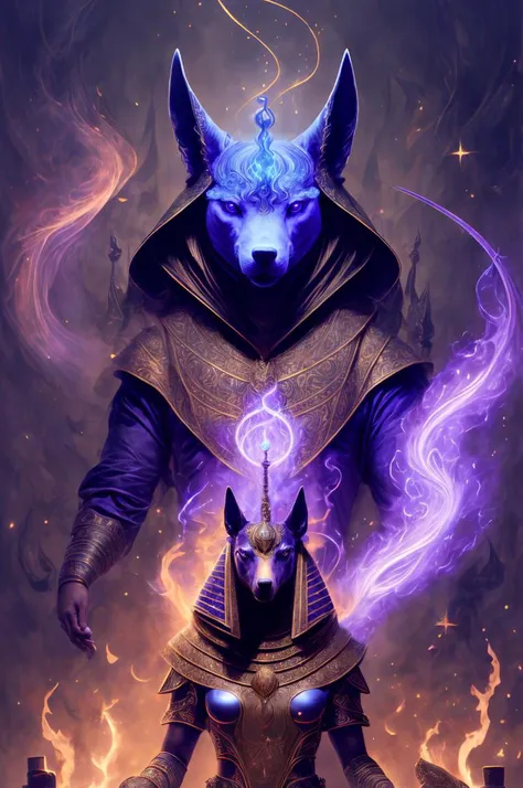 1girl, portrait of female godanubis with jackal head in front altar, swirl of fire, aura, magic, sparks, magic astral, ornate <lora:ARWgodanubis:1> <lora:kVoidEnergy:1> <lora:add_detail:1>