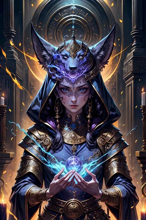 1girl, portrait of female godanubis with jackal head in front altar, swirl of fire, aura, magic, sparks, magic astral, ornate <lora:ARWgodanubis:1> <lora:kVoidEnergy:1> <lora:add_detail:1>