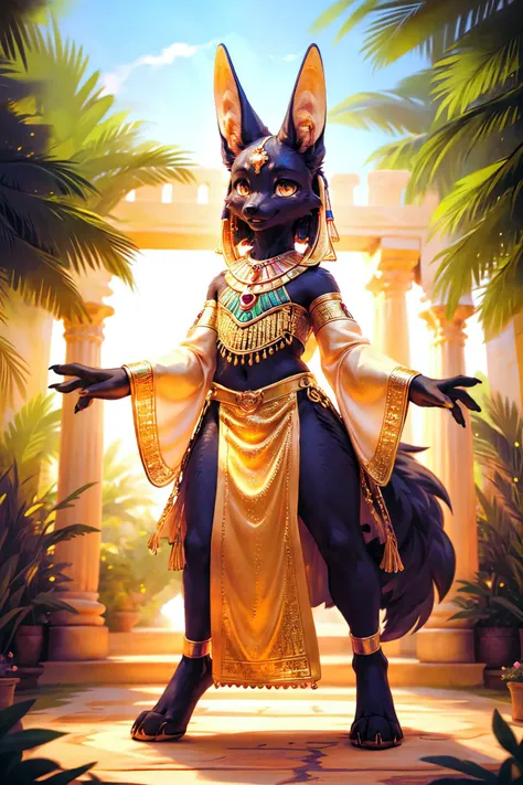 <lora:add_detail:0.7>, <lora:Furtastic_Detailer:0.7>,
 [wildlife|fashion] photography, masterpiece, [realistic],
three-quarter back view, backside, seen from behind, straight on, close-up, solo,
cute (anthro (black jackal)), anubis, detailed and extremely fluffy body fur, beautiful, young,
detailed mouth, (thick thighs:0.3), glossy fur, perfect thighs, perfect calves, ((cute)), rendered eyes, (chibi:0.3), furry chest,
([black|purple] fur), golden eyes, golden mascara,
Powerful Uppercut Stance, Feet firmly planted, body coiled, fist raised, exuding strength and determination in a classic uppercut pose, dynamic pose,
intricate golden tube-top, golden harem outfit, iridescent gold, golden necklace, golden anklets, golden bracelets, golden belt, golden chain decoration, golden lingerie,
Royal Pleated Kilt with Scarab Accents:, A luxurious kaftan made of fine linen, embroidered with intricate gold patterns depicting scenes of royal power and divinity.,
uploaded on e621, by Cotora, by Barbara Takenaga, by Affandi, by Beatrice Ethel Lithiby, by Catcouch,
<lora:Furtastic_Detailer:0.1>,
<lora:Egyptian_Icons:0.2>, sparkle,
<lora:Mae_Borowski-v1-NAI:0.2>, [mae_borowski],
<lora:blackSkinV1:0.3>, blackskin,
<lora:ARWgodanubis:0.1>, godanubis, jackal head,
happy, playful, cheeky, devious,
decorated opulent egyptian garden, garden patio, egypt architecture, egypt garden,
Wall Murals, Hathoric-Design Jewelry Chest, Ornate jewelry chest with intricate carvings and compartments for precious accessories, field of tall slender grasses whispering in the wind,
detailed, realistic, 8k uhd, high quality, high quality photography, 3 point lighting, flash with softbox, 4k, Canon EOS R3, hdr, smooth, sharp focus, high resolution, award winning photo, 80mm, f2.8, bokeh,
cinematic composition, cinematic lighting, highly detailed, masterpiece, best quality, realistic, (intricate:0.9), (high detail:1.4), film photography, sharp focus,