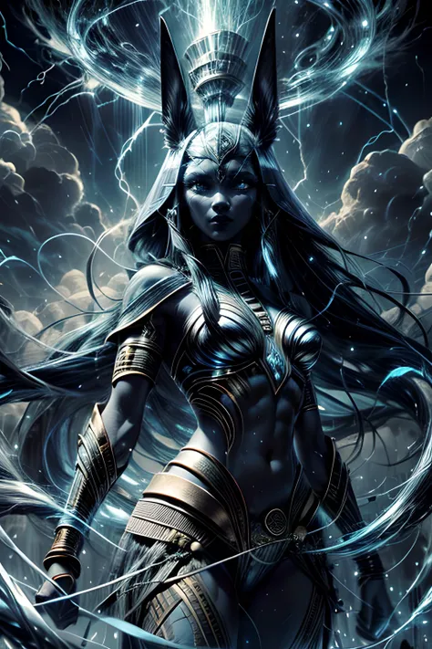 Goddess of Thunder, Very Long Blue Hair, (Anubis Ears), Thunderstorm, Stormy Clouds, Egypt, Egyptian, <lora:ThunderMagic-22:0.8> thundermagic, excessive energy, charged aura <lora:ARWgodanubis:0.8> godanubis, <lora:add_detail:0.8>