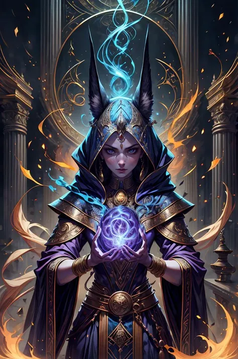 1girl, portrait of female godanubis with jackal head in front altar, swirl of fire, aura, magic, sparks, magic astral, ornate <lora:ARWgodanubis:1> <lora:kVoidEnergy:1> <lora:add_detail:1>