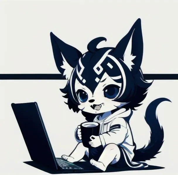 full body minimalistic lineart of a cute and chibi and confused white Egyptian anubis with a laptop sitting holding a coffee cup, white clothing, 9 tails, tongue out on side, open mouth, drool, animal paw, fluffy ears. 8k, absurdres, <lora:ARWgodanubis:1> <lora:more_details:.1> <lora:minima2023:1> <lora:Windranger:.4> <lora:logo_v1:.2>