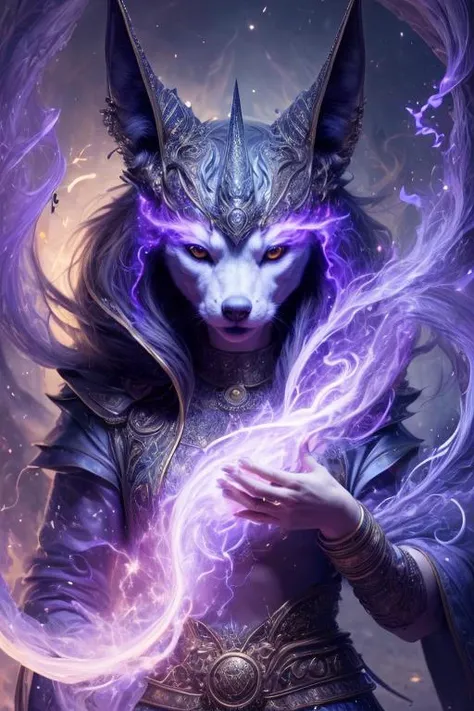 1girl, portrait of female godanubis with  jackal head in front altar, swirl of fire, aura, magic, sparks,  magic astral, ornate <lora:ARWgodanubis:1> <lora:kVoidEnergy:1> <lora:add_detail:1>