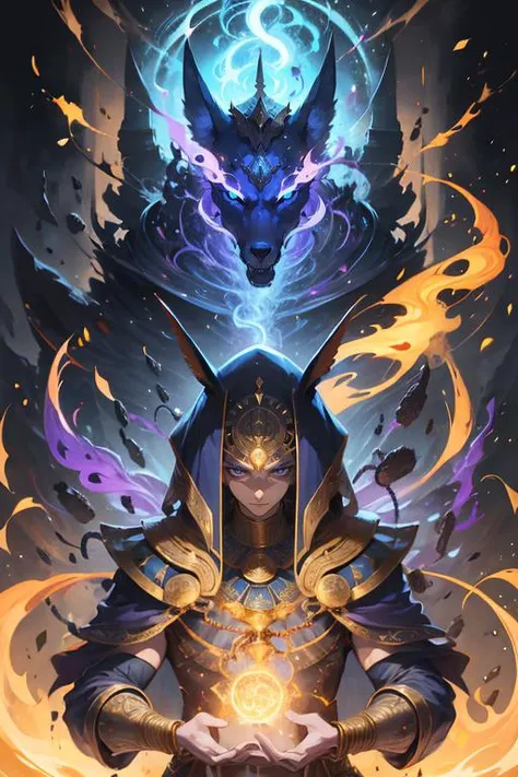 1man, portrait of godanubis with  jackal head in front altar, swirl of fire, aura, magic, sparks,  magic astral <lora:ARWgodanubis:1> <lora:kVoidEnergy:1>