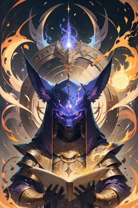 1man, portrait of godanubis with jackal head in front altar, swirl of fire, aura, magic, sparks, magic astral <lora:ARWgodanubis:1> <lora:kVoidEnergy:1>