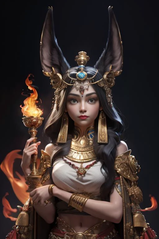1girl, solo, portrait of godanubis with altar of fire, ornate, egypt, energy, aura, dust, debris, <lora:ARWgodanubis:1>
