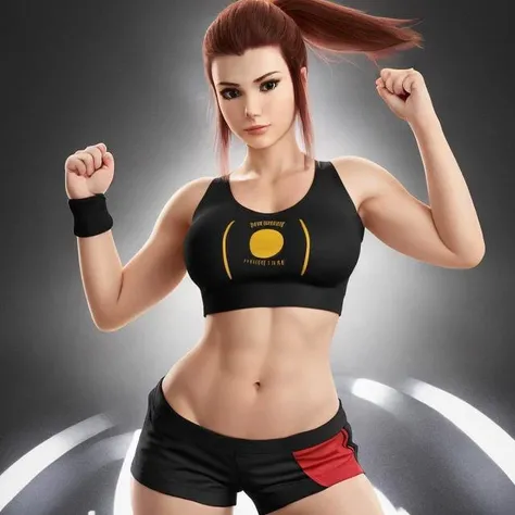 <lora:Wrise_Brigitte:0.7>
a woman posing for a picture in a black top and shorts with a fist up in the air and a black background, rutkowski, a microscopic photo, antipodeans, 3d
