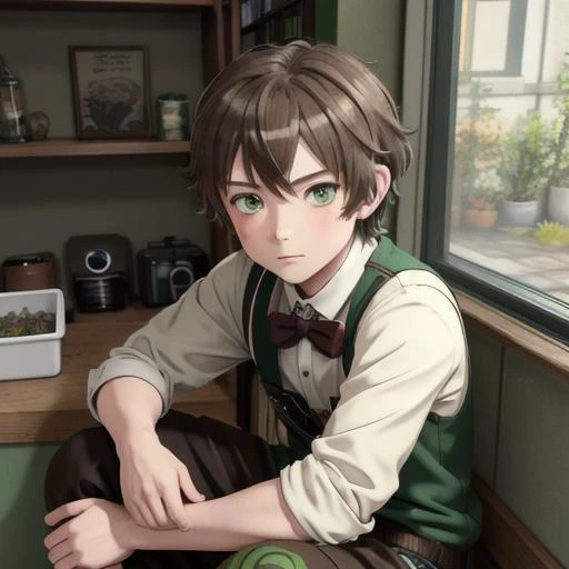 (masterpiece) 1boy with brown hair and green eyes, anime style,  anime-boy